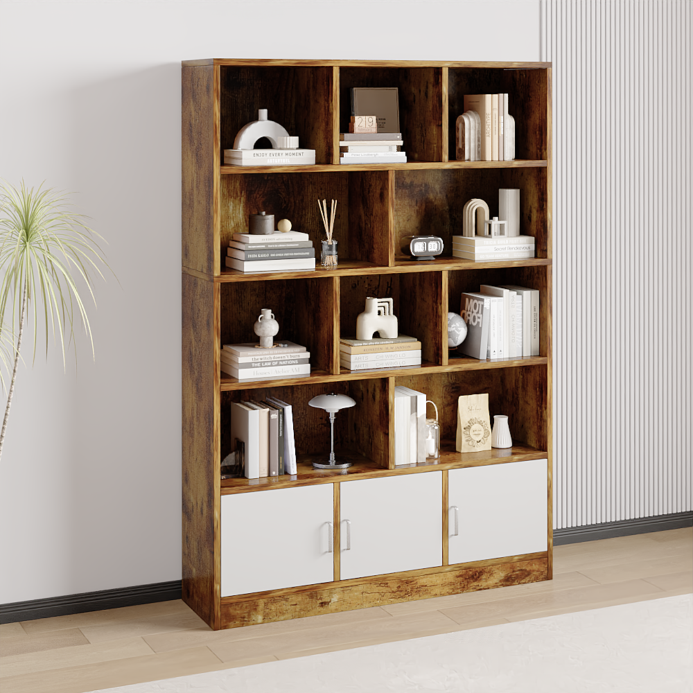 Alpha 10-Shelf 3-Door Wardrobe Cupboard Bookshelf Cabinet (Rustic Wood)