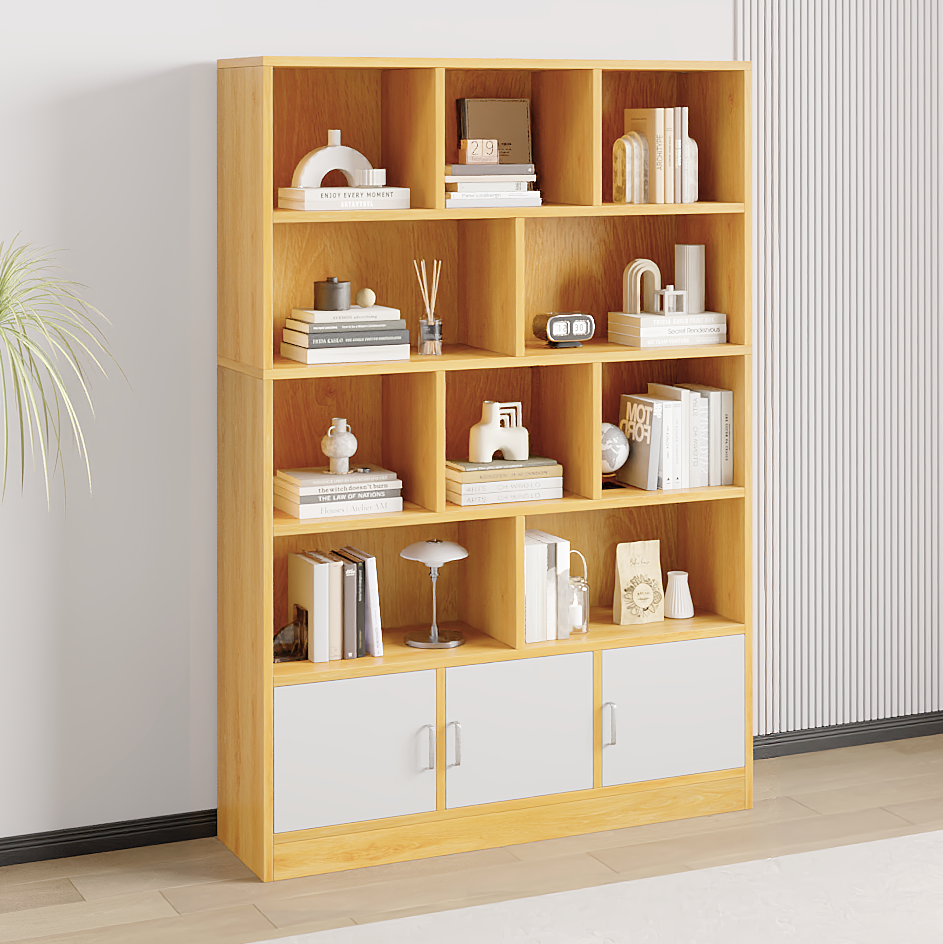 Alpha 10-Shelf 3-Door Wardrobe Cupboard Bookshelf Cabinet (Oak)