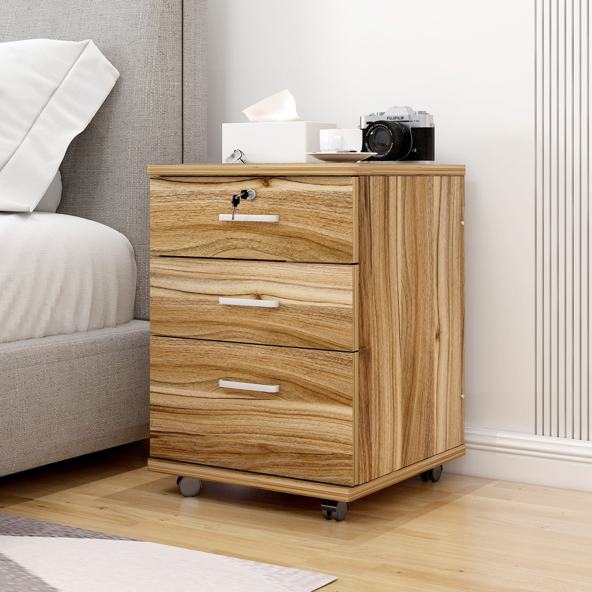 Miami 3 Drawer Bedside Table Cabinet with Wheels (Natural Oak)