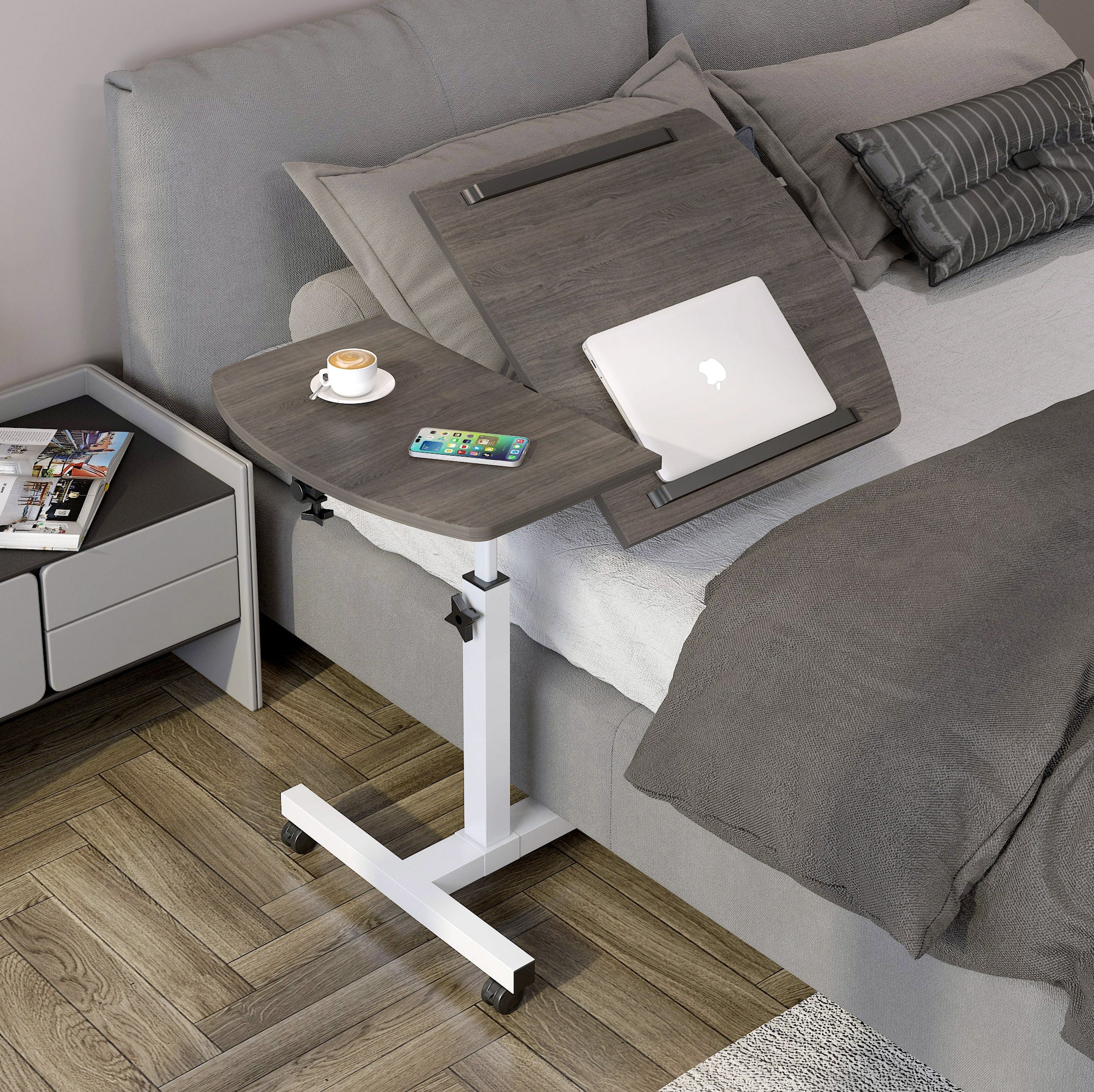Motif 2-in-1 Adjustable Portable Sofa Bed Side Table Laptop Desk with Wheels (Driftwood Grey)