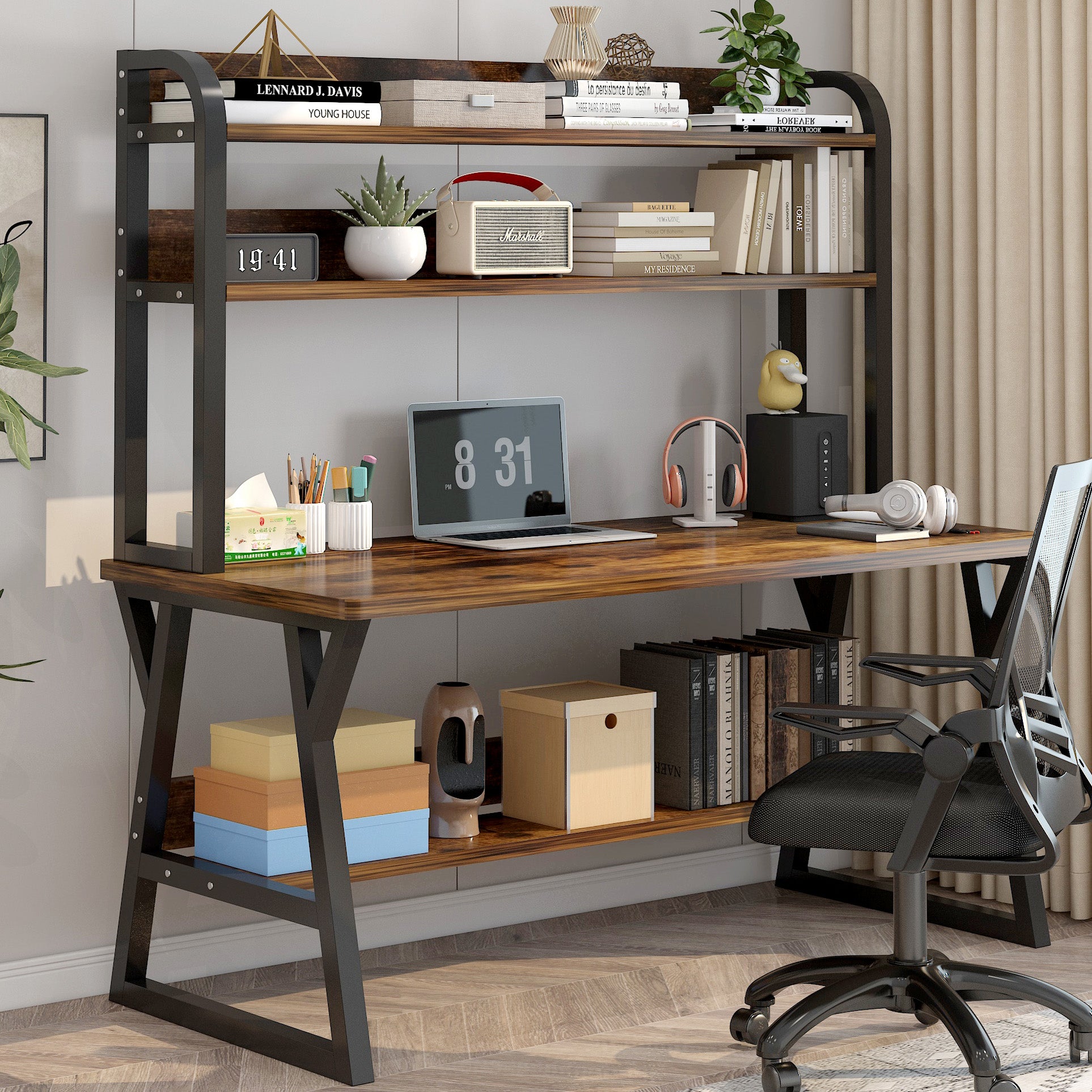 Aspire Large Industrial Office Computer Desk Workstation with Bookshelf (Rustic Wood)