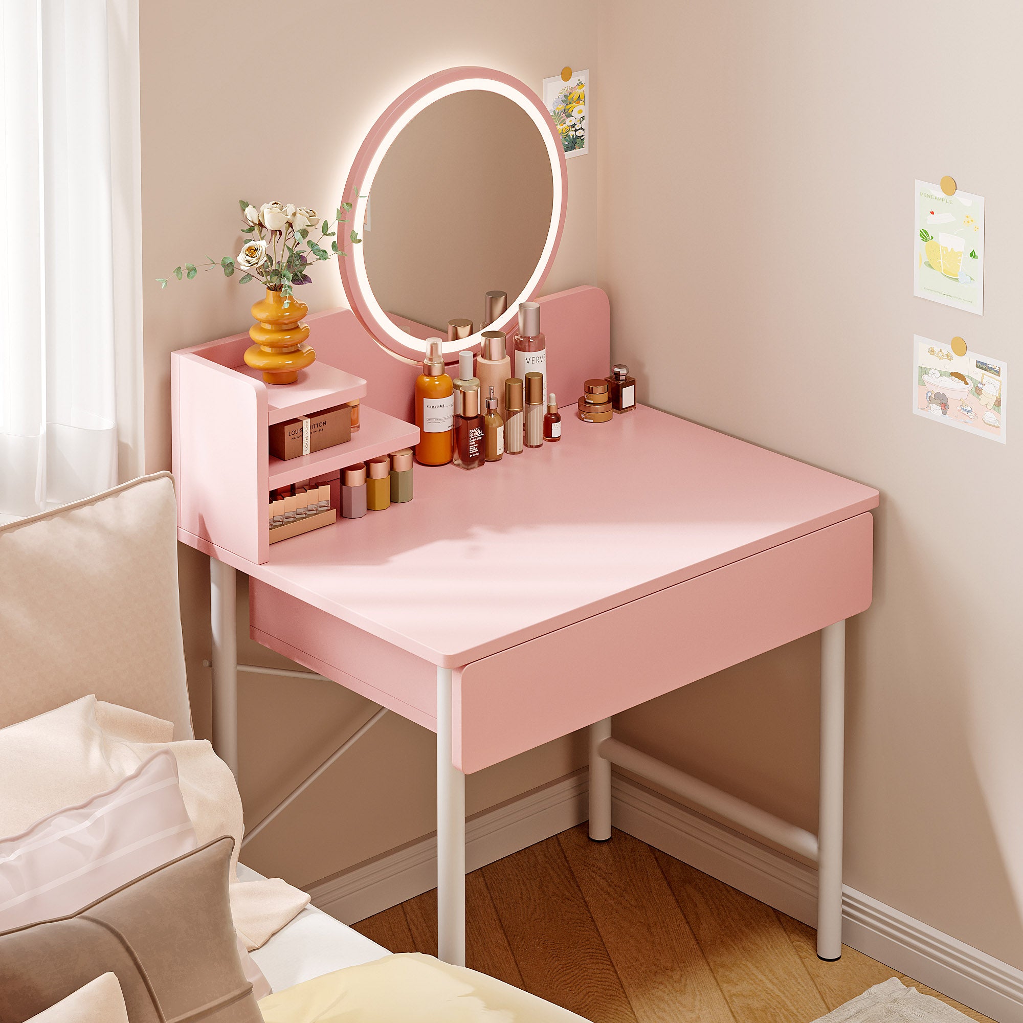 LED Luminous Mirror Makeup Vanity Dressing Table Pink Dresser with Drawer Storage