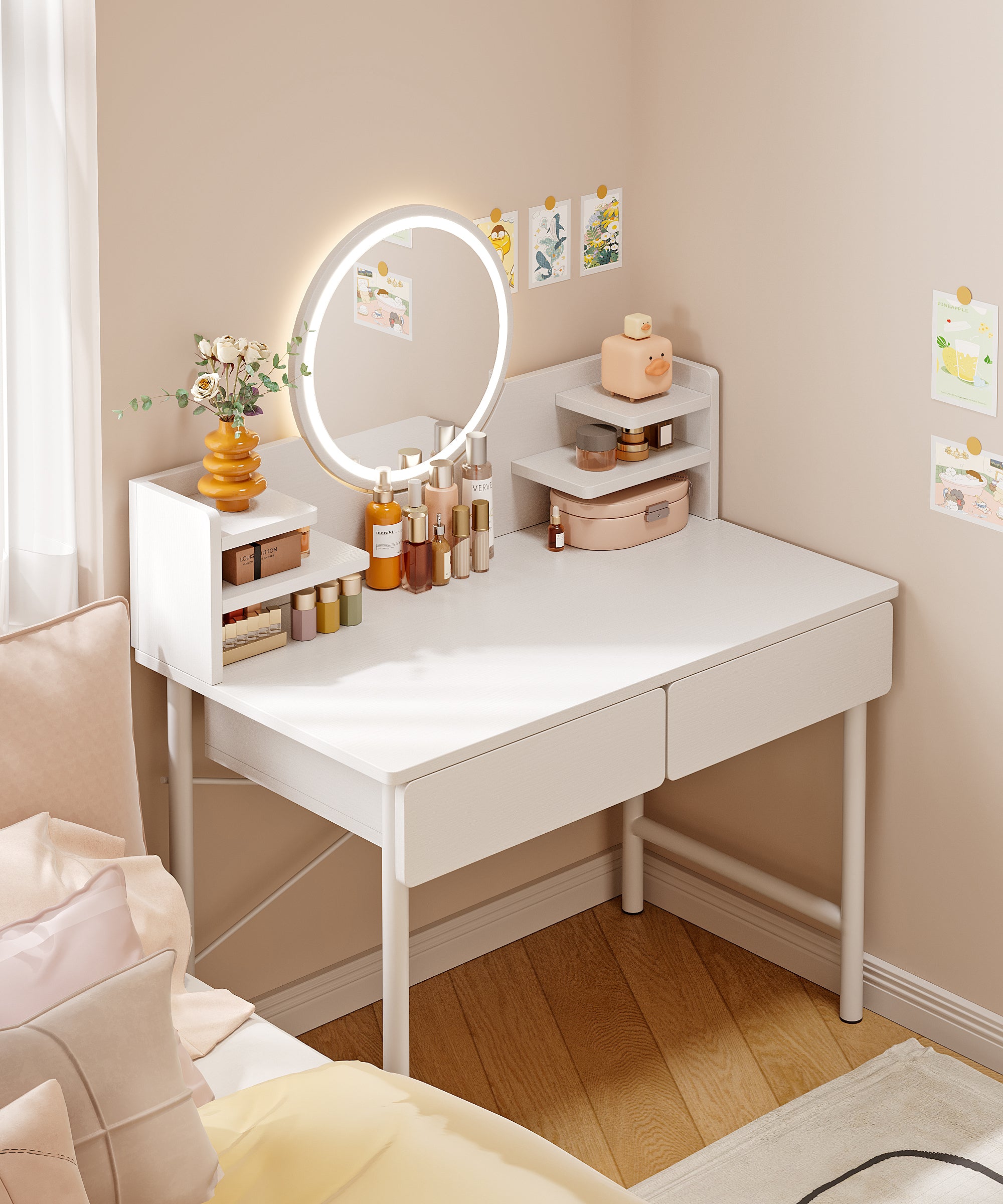 LED Luminous Mirror White Makeup Vanity Dressing Table with Storage Drawers