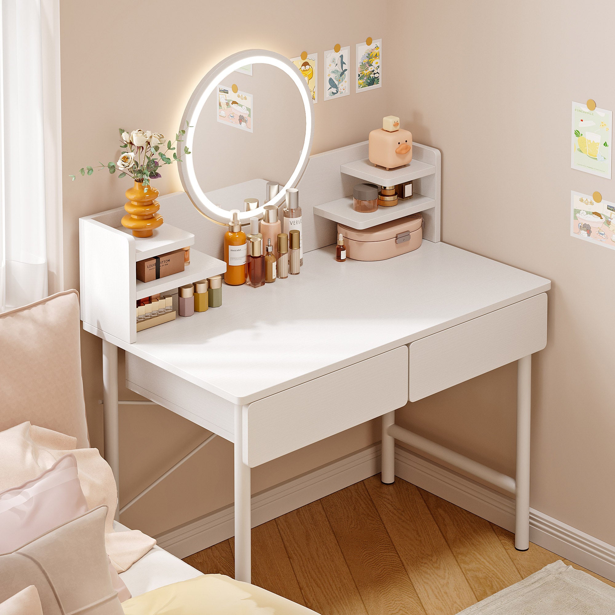 LED Luminous Mirror White Makeup Vanity Dressing Table with Storage Drawers