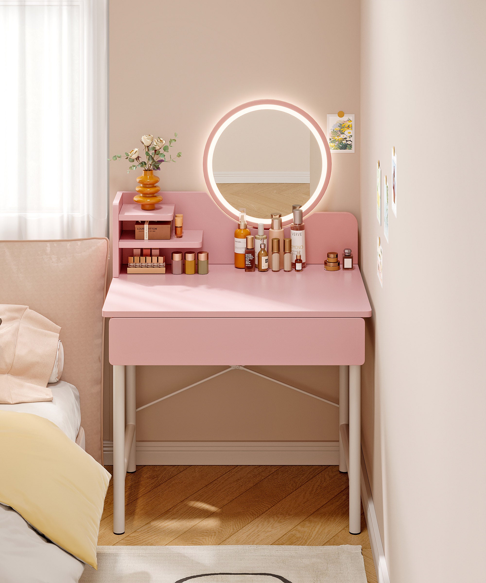 LED Luminous Mirror Makeup Vanity Dressing Table Pink Dresser with Drawer Storage