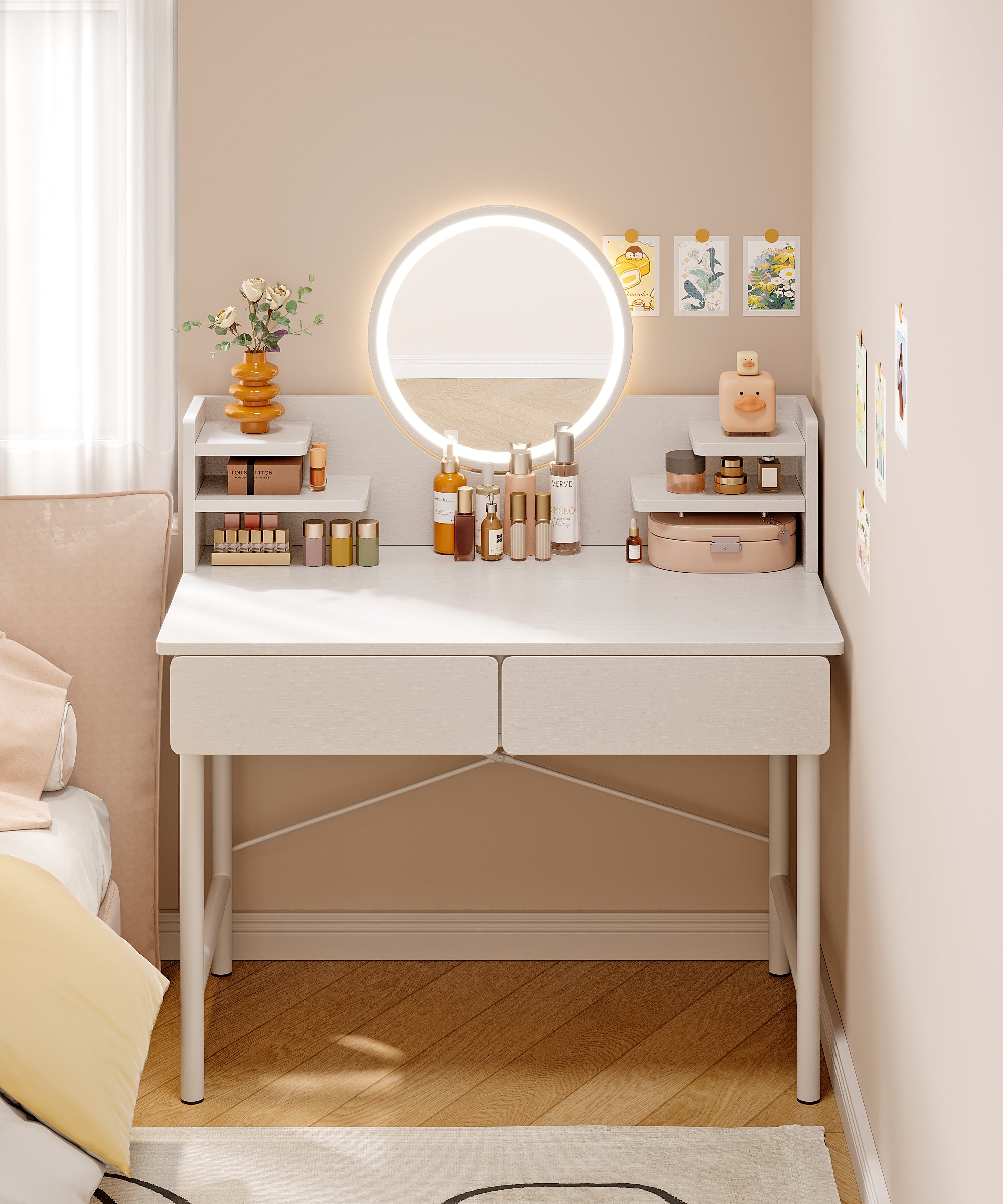 LED Luminous Mirror White Makeup Vanity Dressing Table with Storage Drawers