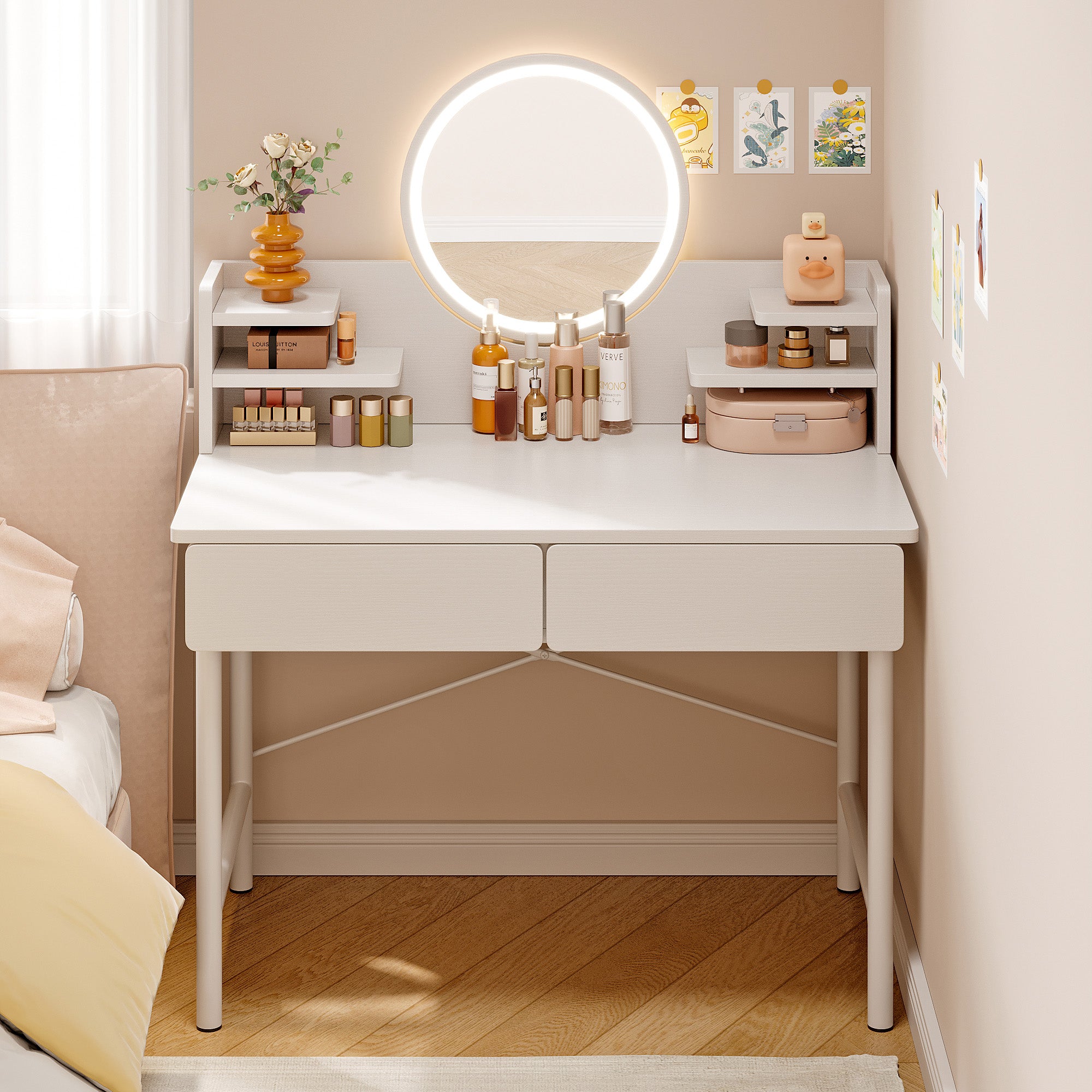 LED Luminous Mirror White Makeup Vanity Dressing Table with Storage Drawers