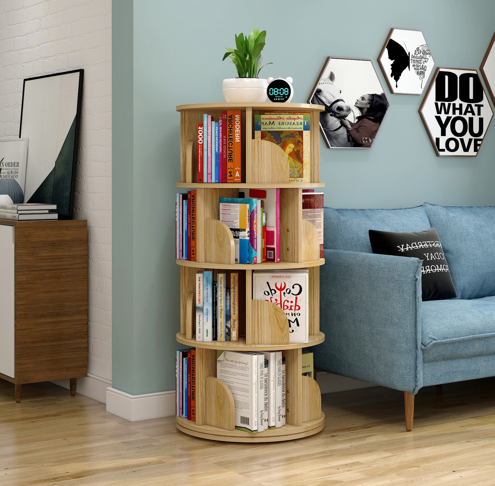 Sanctuary 360-degree Rotating 4 Tier Display Shelf Bookcase Organiser (Oak)