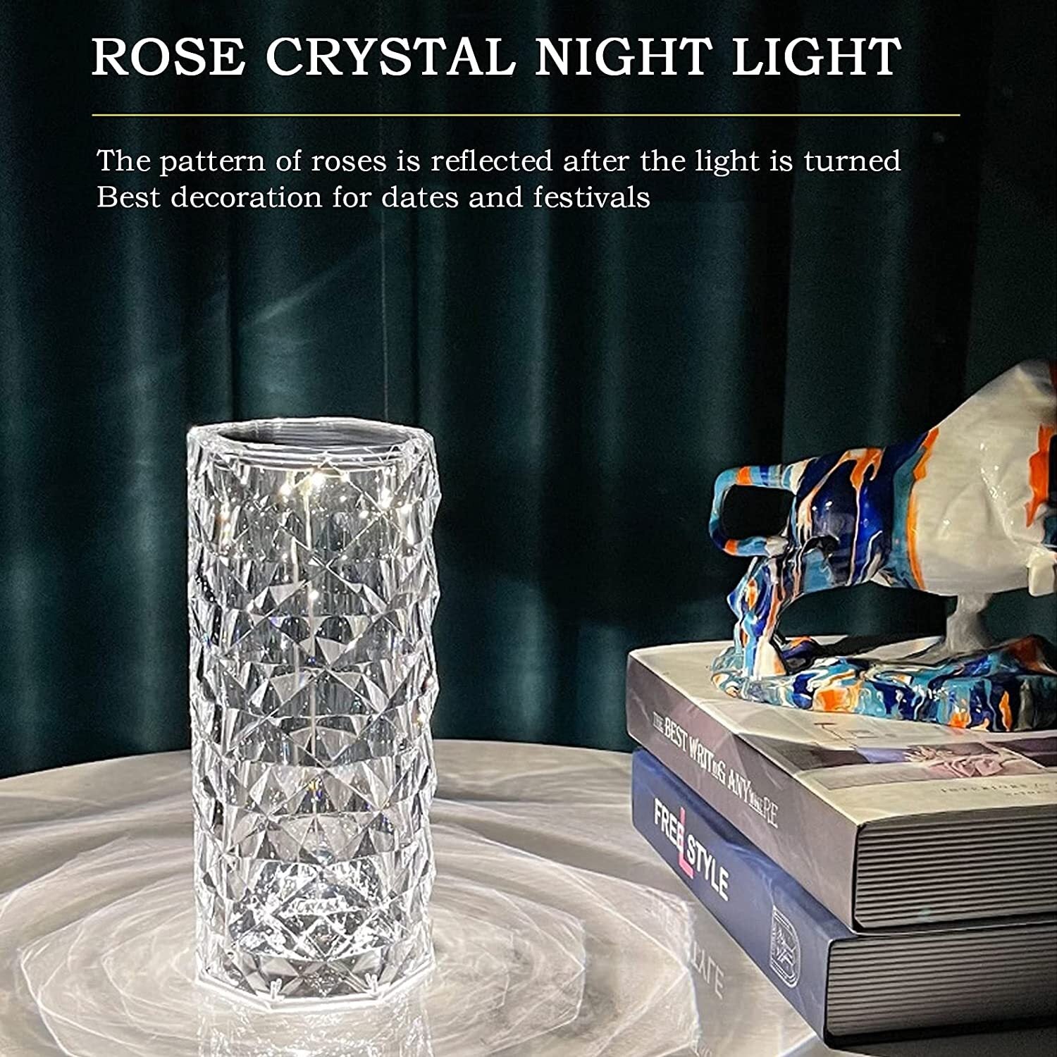 Rose Diamond Crystal LED Table Lamp Cordless Touch Sensor Night Light