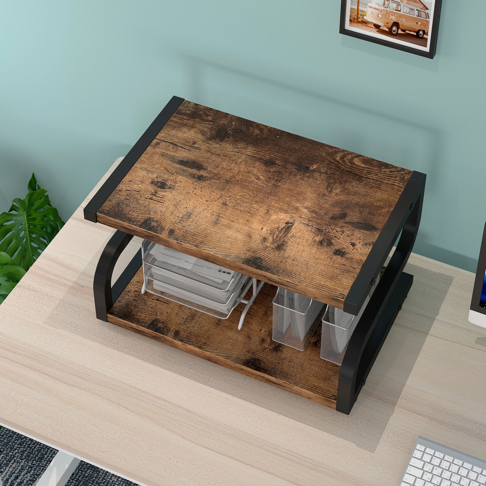 Deluxe Rustic Wood and Steel Desktop Shelf Printer Stand Storage Rack Organizer