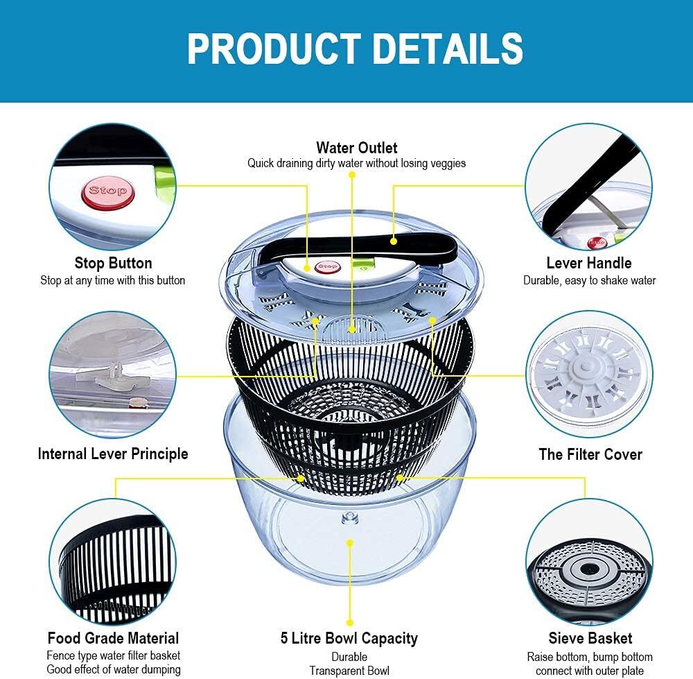 5L Salad Spinner Large Capacity Vegetable Washer Dryer Kitchen Tool
