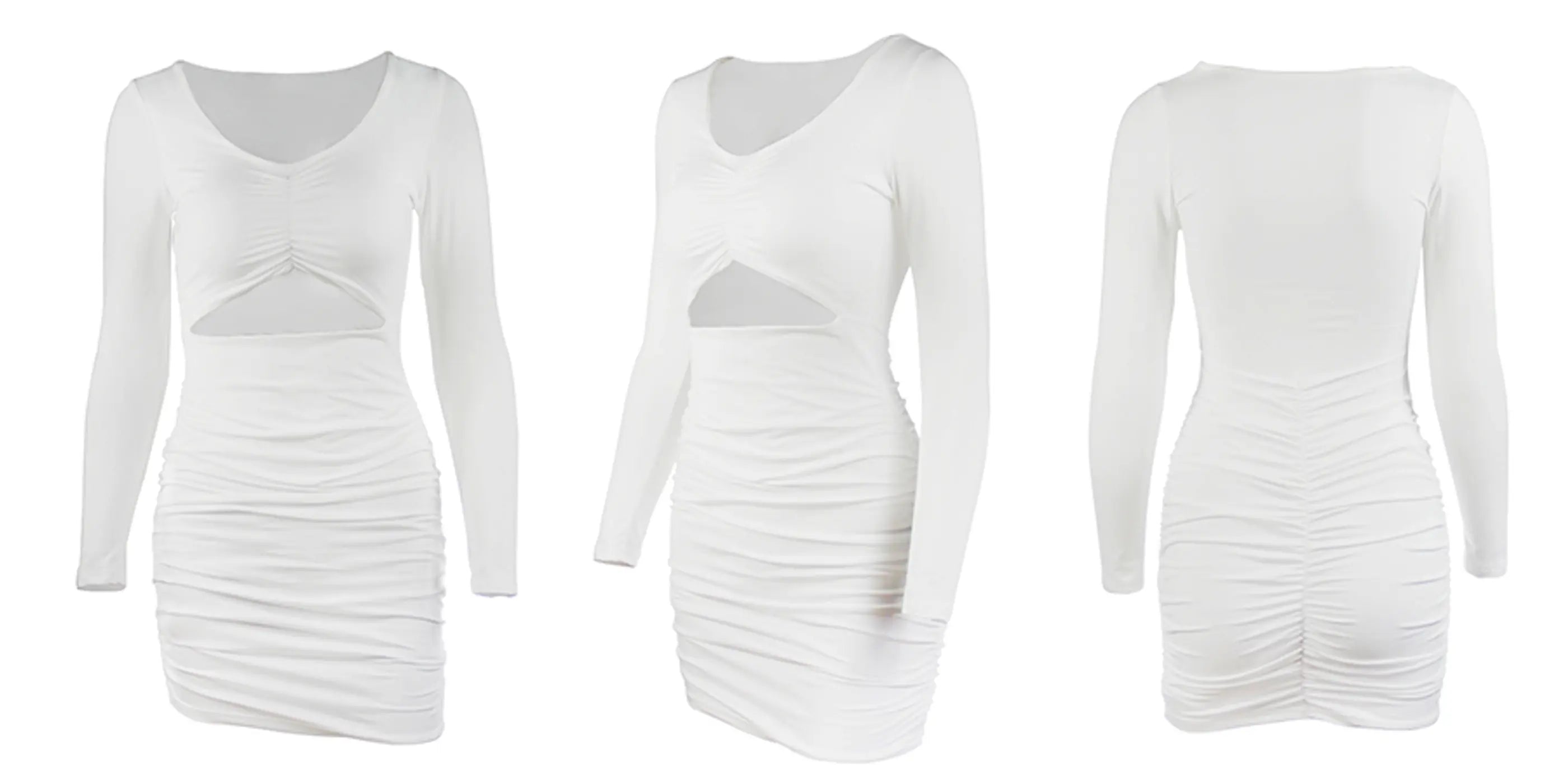 Long Sleeve Ruched Bodycon Mini Dress (White)