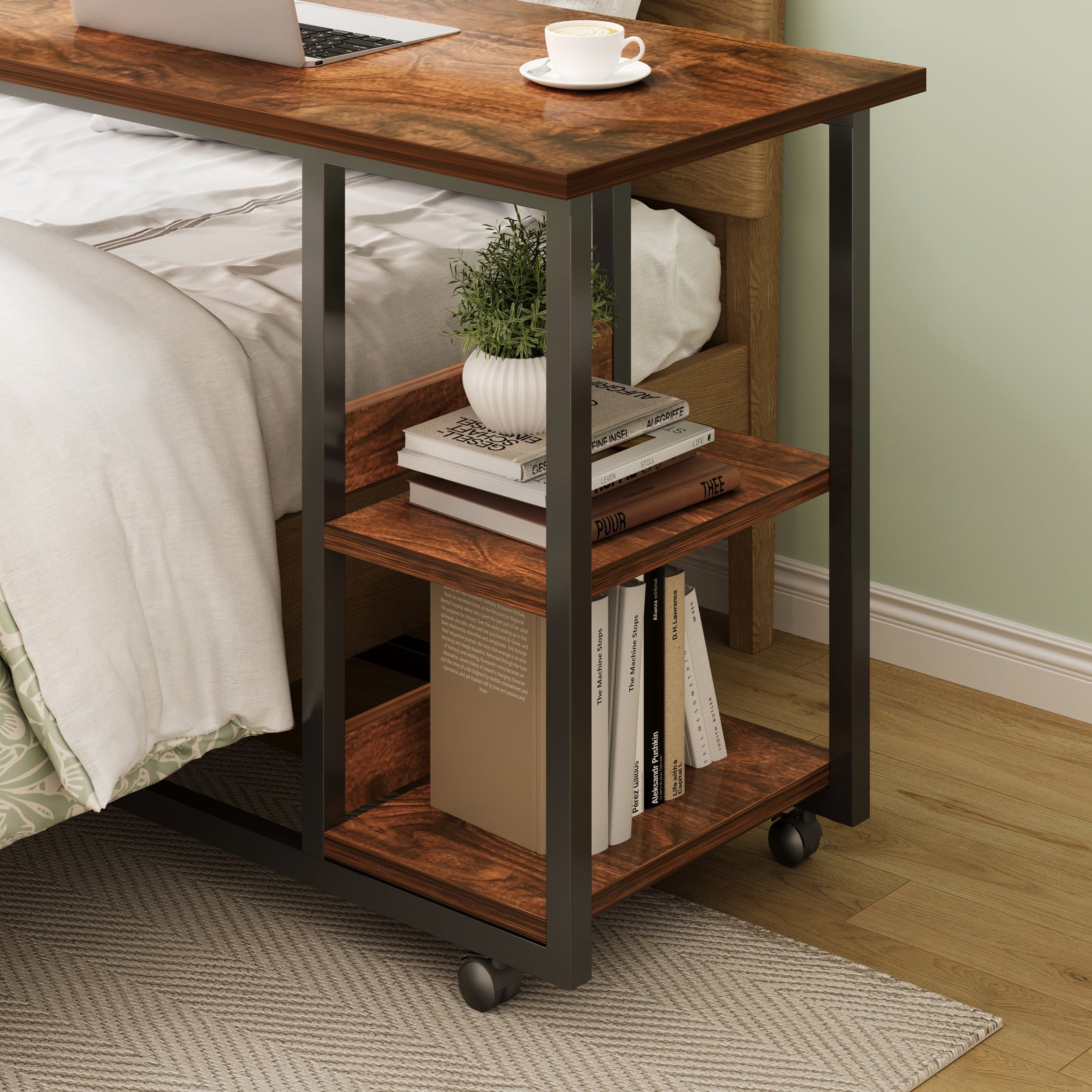 Supreme Sofa Bed Side Table Laptop Desk with Shelves & Wheels (Rustic Wood)
