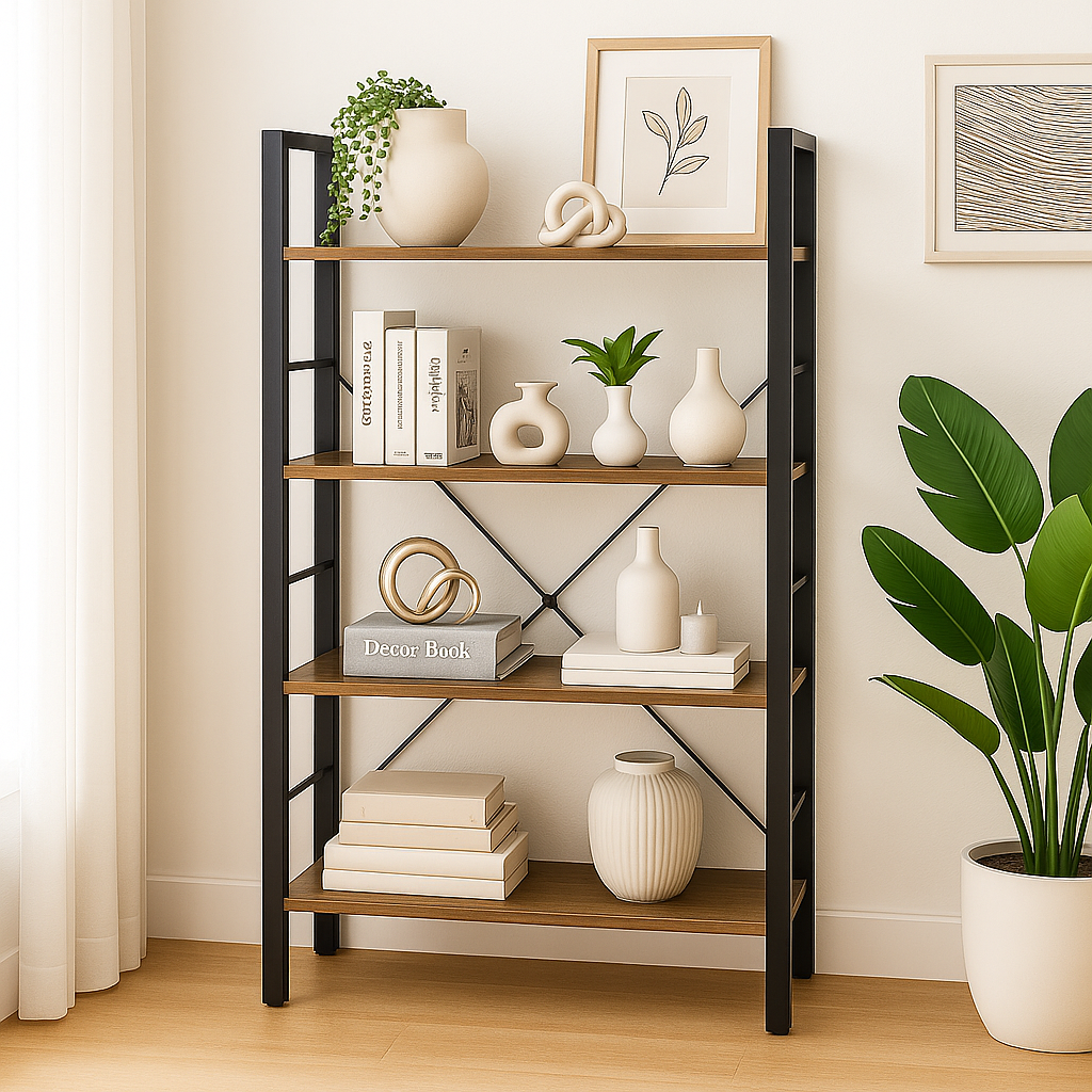 Multifunction Bookcase 4 Tier Rustic Wood & Steel Storage Shelf Organizer