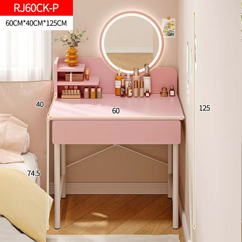 LED Luminous Mirror Makeup Vanity Dressing Table Pink Dresser with Drawer Storage