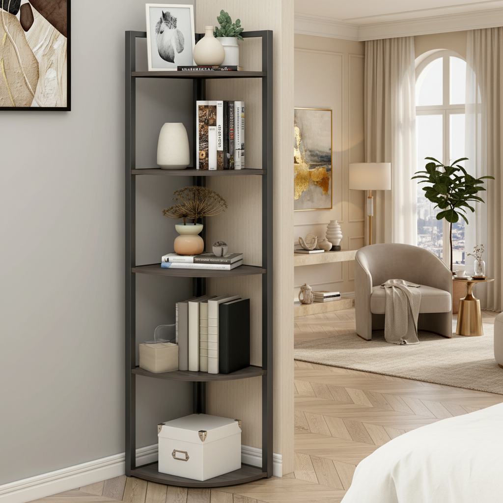 Optima 5 Tier Wood & Steel Corner Shelf Organizer Unit (Driftwood Grey)