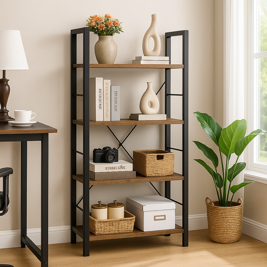 Multifunction Bookcase 4 Tier Rustic Wood & Steel Storage Shelf Organizer