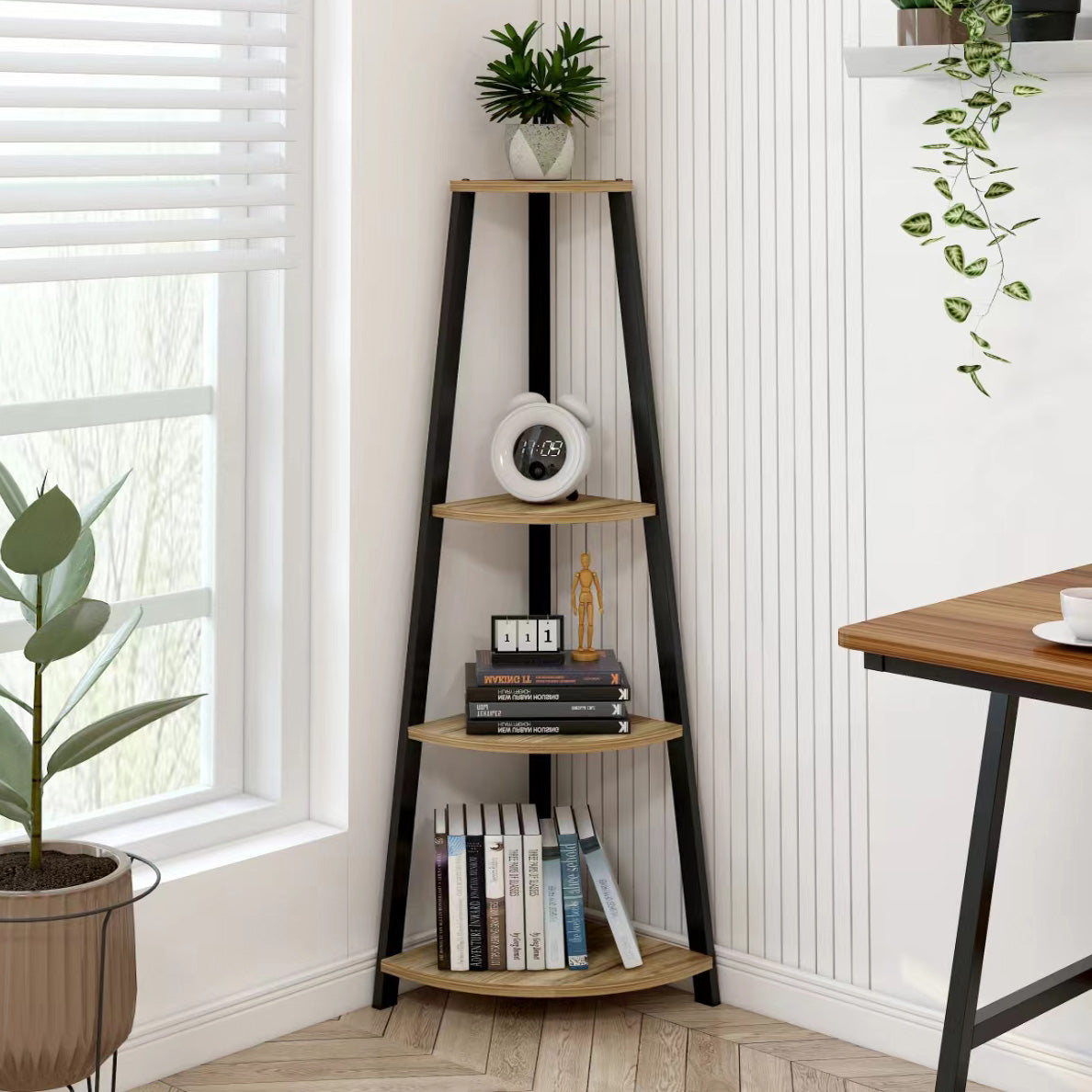 4-Tier Corner Ladder Shelf Unit Rustic Oak Wood & Steel Display Stand Storage Rack