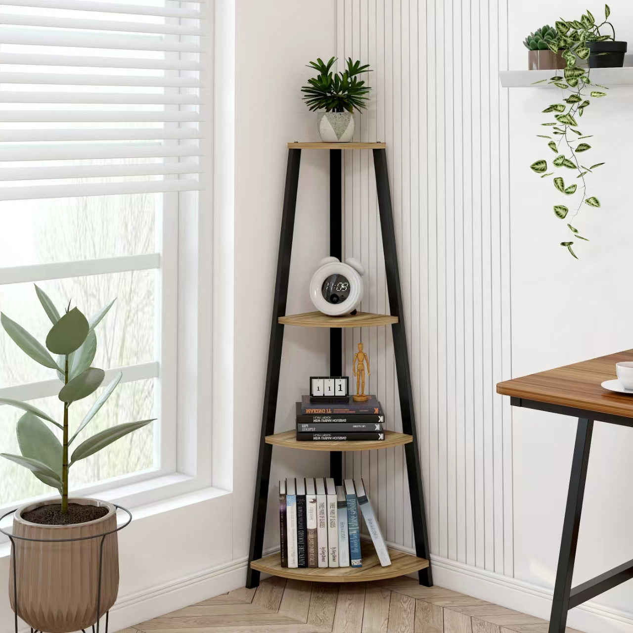 4-Tier Corner Ladder Shelf Unit Rustic Oak Wood & Steel Display Stand Storage Rack