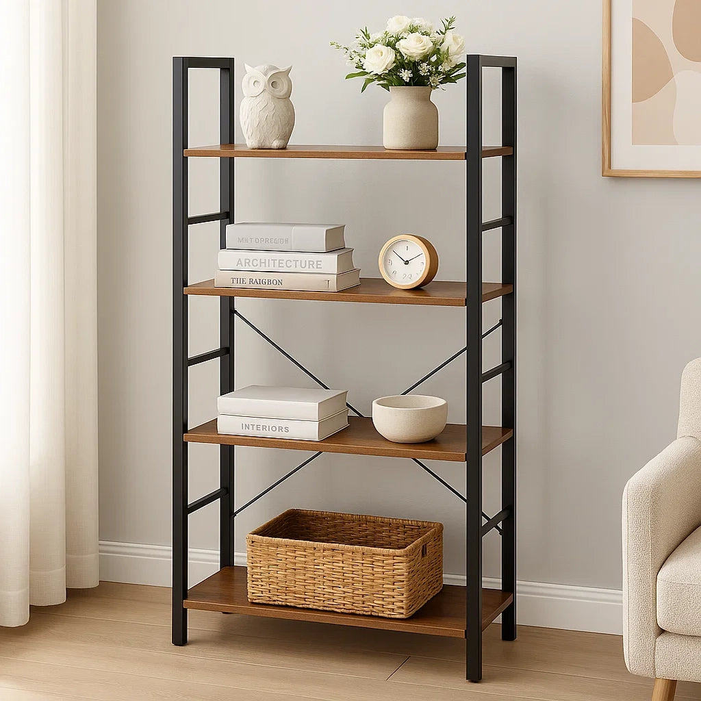 Multifunction Bookcase 4 Tier Rustic Wood & Steel Storage Shelf Organizer