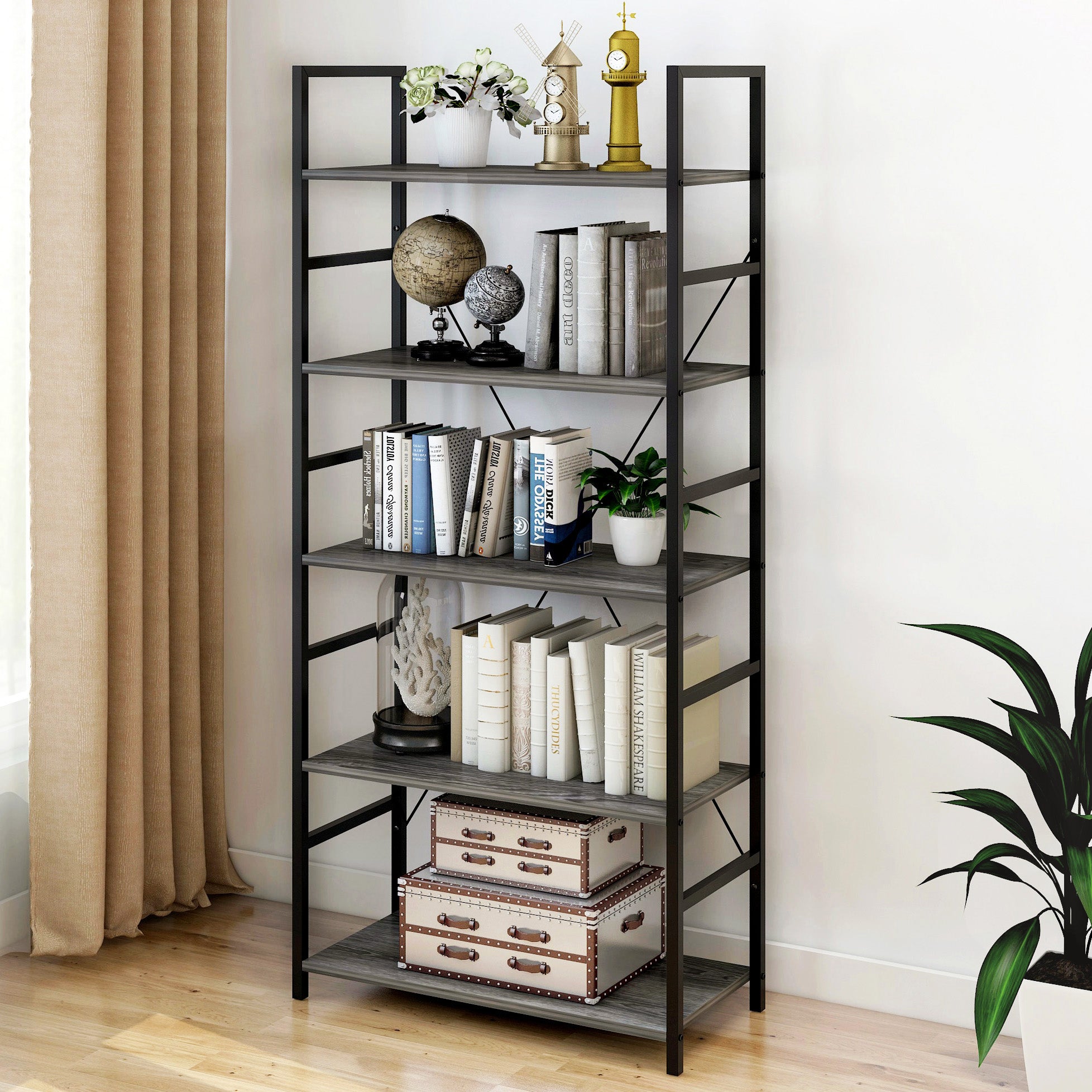 5 Tier Multifunction Heavy Duty Bookcase Wood & Steel Storage Shelf Organizer (Driftwood Grey)