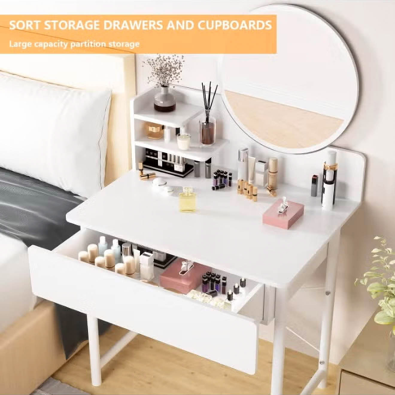 Luxe Dresser Makeup Vanity Dressing Table with Round Mirror Drawer White