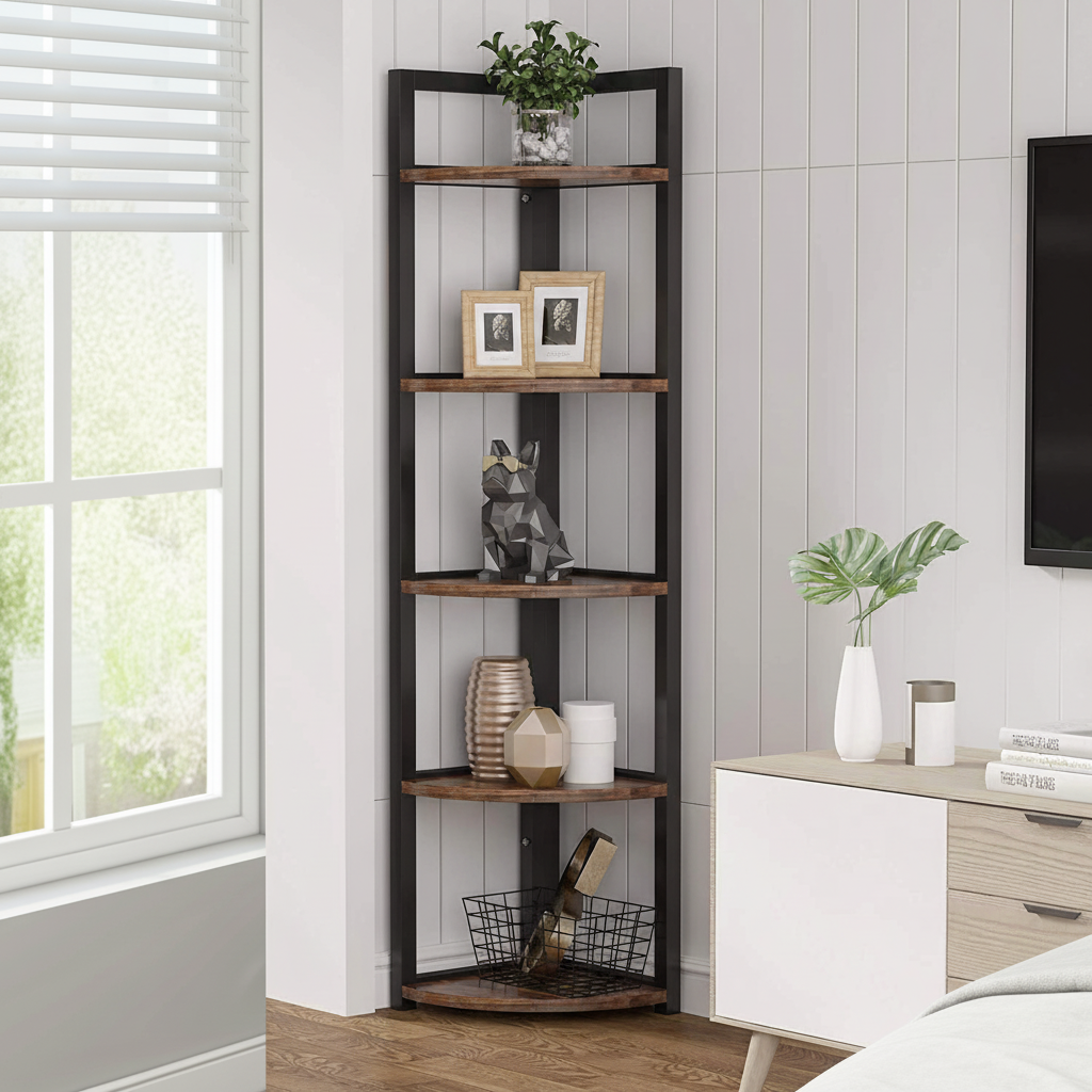 Optima  5 Tier Rustic Wood & Steel Corner Shelf Organizer Unit