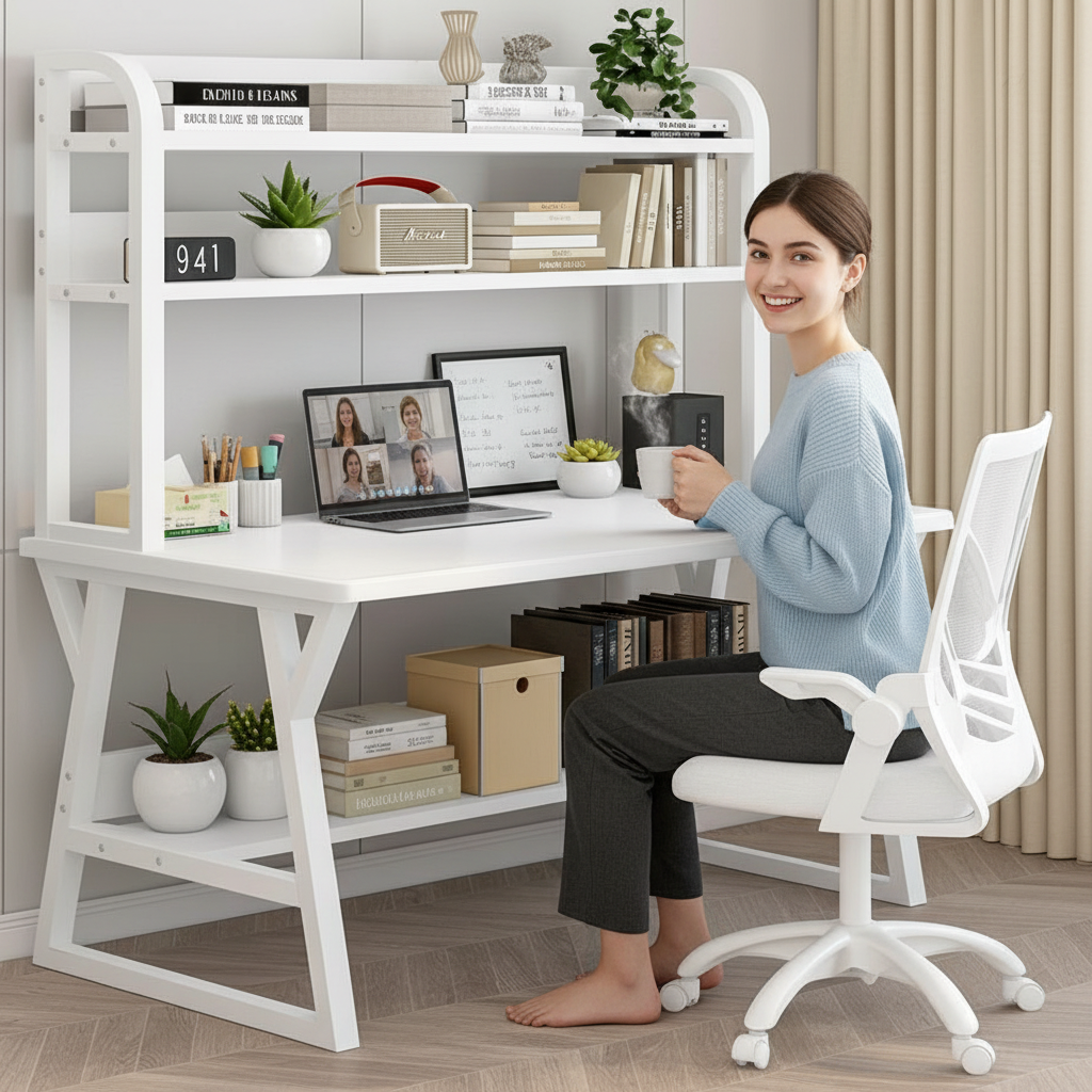 Aspire Large Industrial Office Computer Desk Workstation with Bookshelf (White)