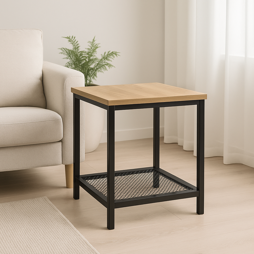 Loft Rustic Oak Industrial Wood & Steel Side Table with Storage Shelf