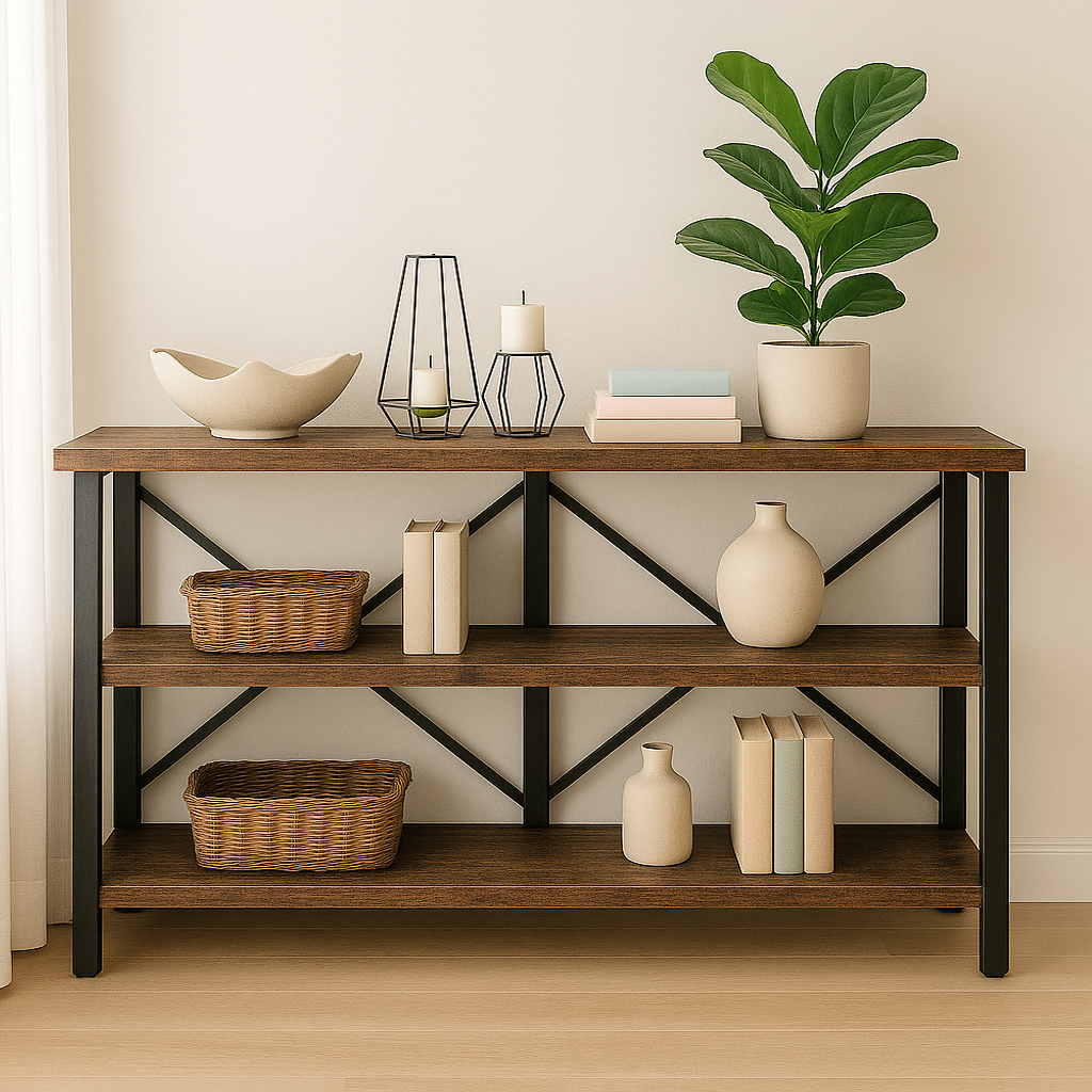 Serenity Rustic Industrial Console Table Bookcase TV Stand Storage Shelf Unit