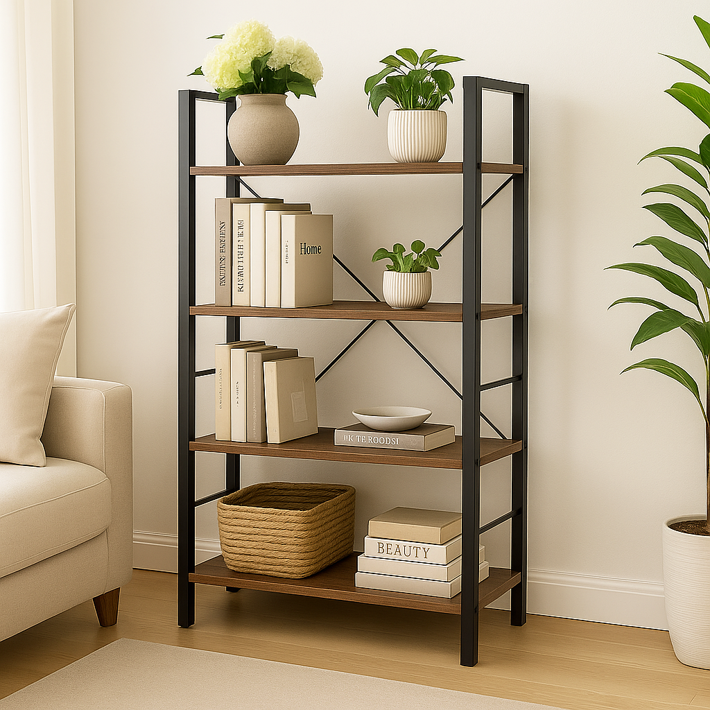 Multifunction Bookcase 4 Tier Rustic Wood & Steel Storage Shelf Organizer