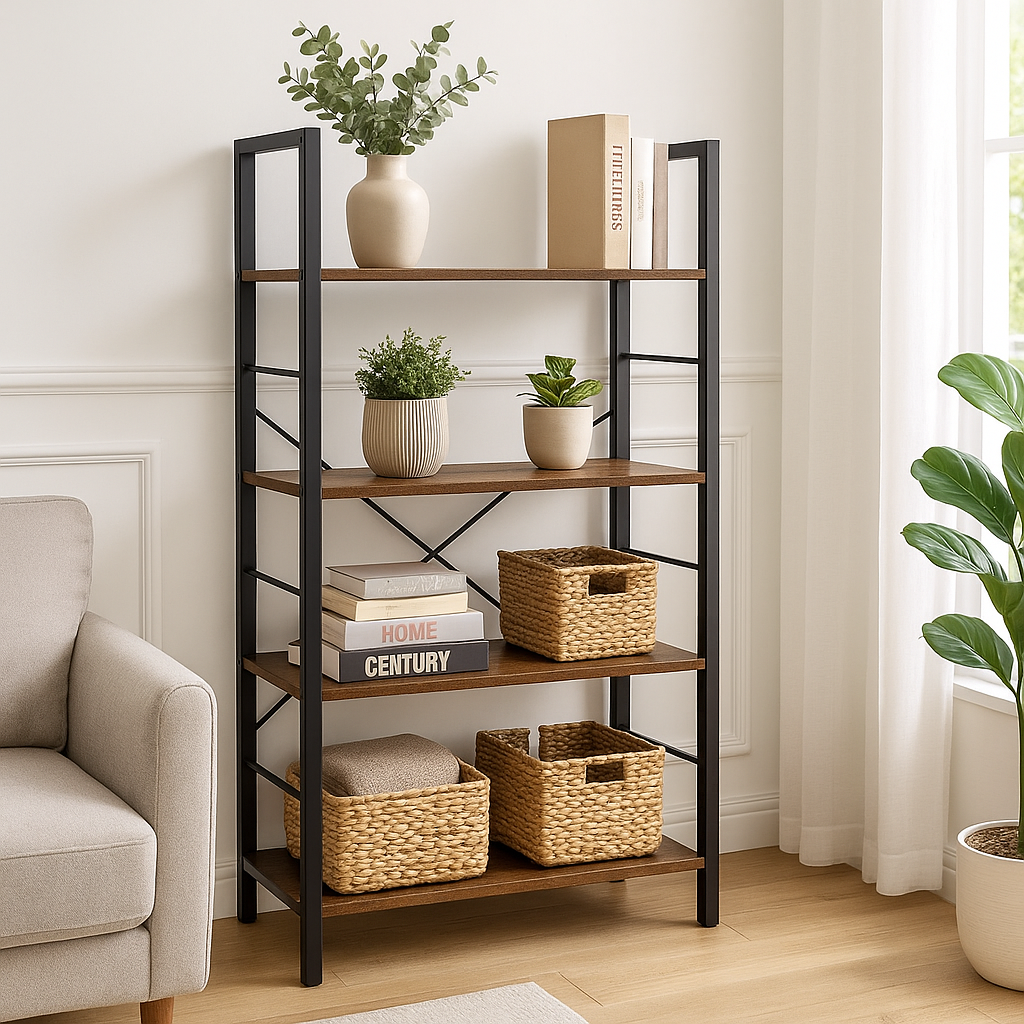 Multifunction Bookcase 4 Tier Rustic Wood & Steel Storage Shelf Organizer