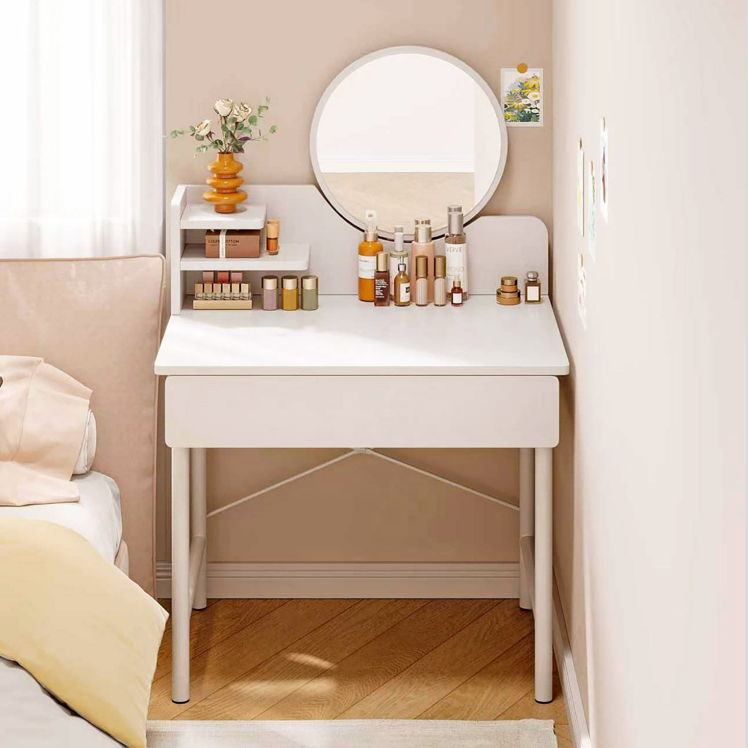 Luxe Dresser Makeup Vanity Dressing Table with Round Mirror Drawer White