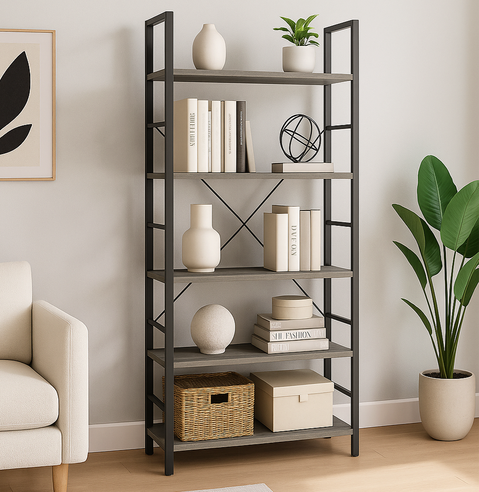 5 Tier Multifunction Heavy Duty Bookcase Wood & Steel Storage Shelf Organizer (Driftwood Grey)