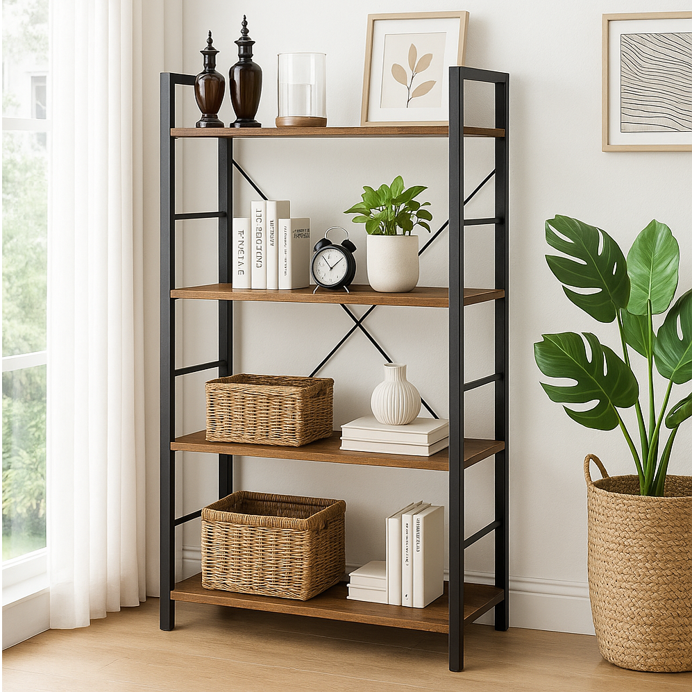 Multifunction Bookcase 4 Tier Rustic Wood & Steel Storage Shelf Organizer