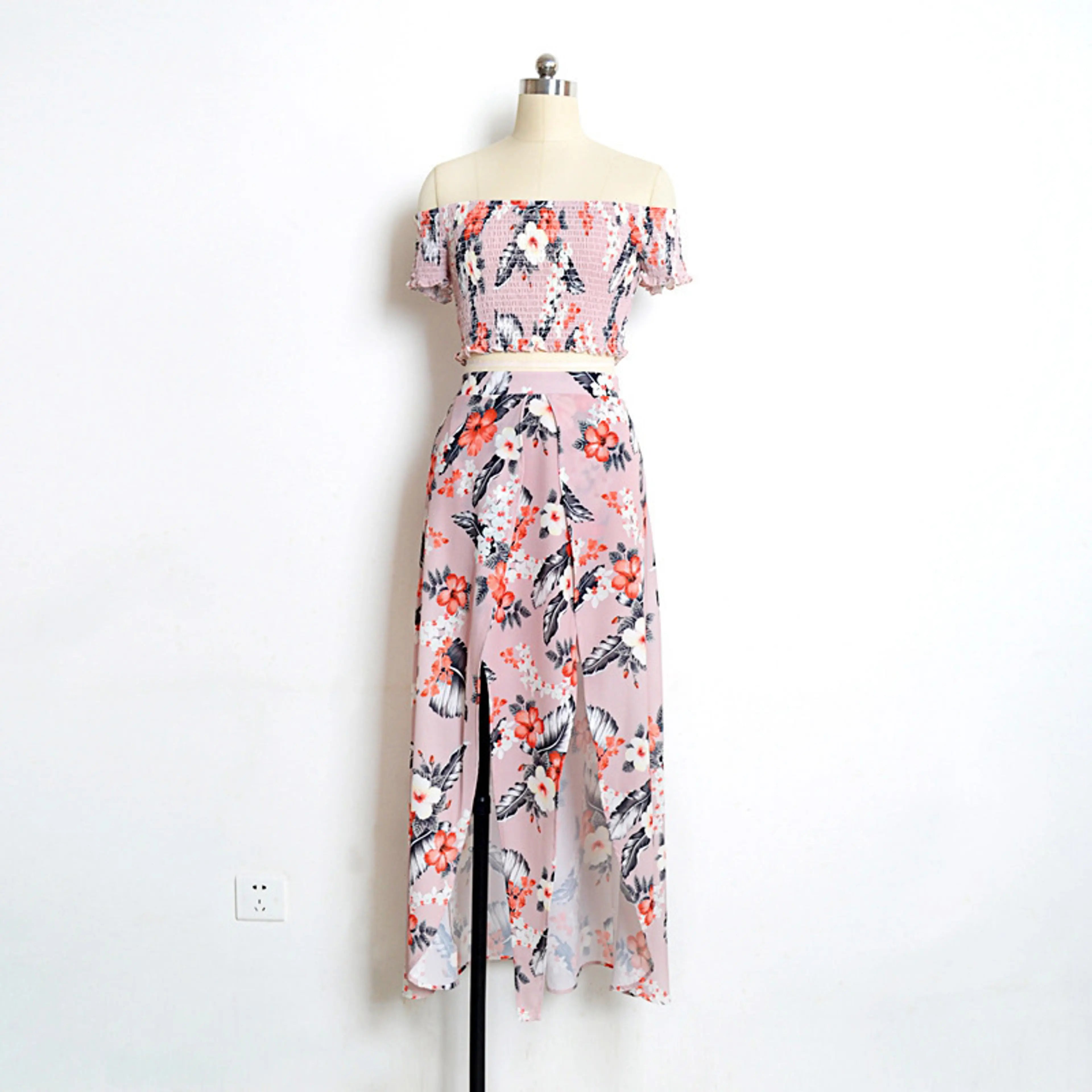 Floral Bardot Two-Piece Set Off-Shoulder Top and Maxi Skirt