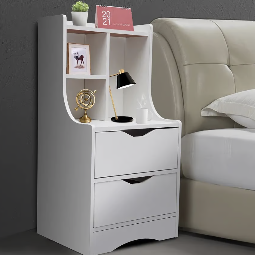 Twilight 2-Drawer Tall Bedside Table with Chest of Drawers and Shelves (White)