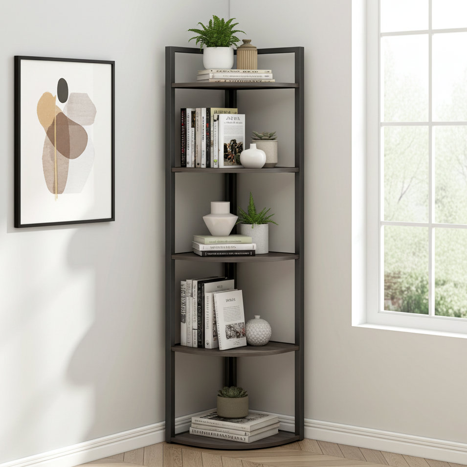 Optima 5 Tier Wood & Steel Corner Shelf Organizer Unit (Driftwood Grey)