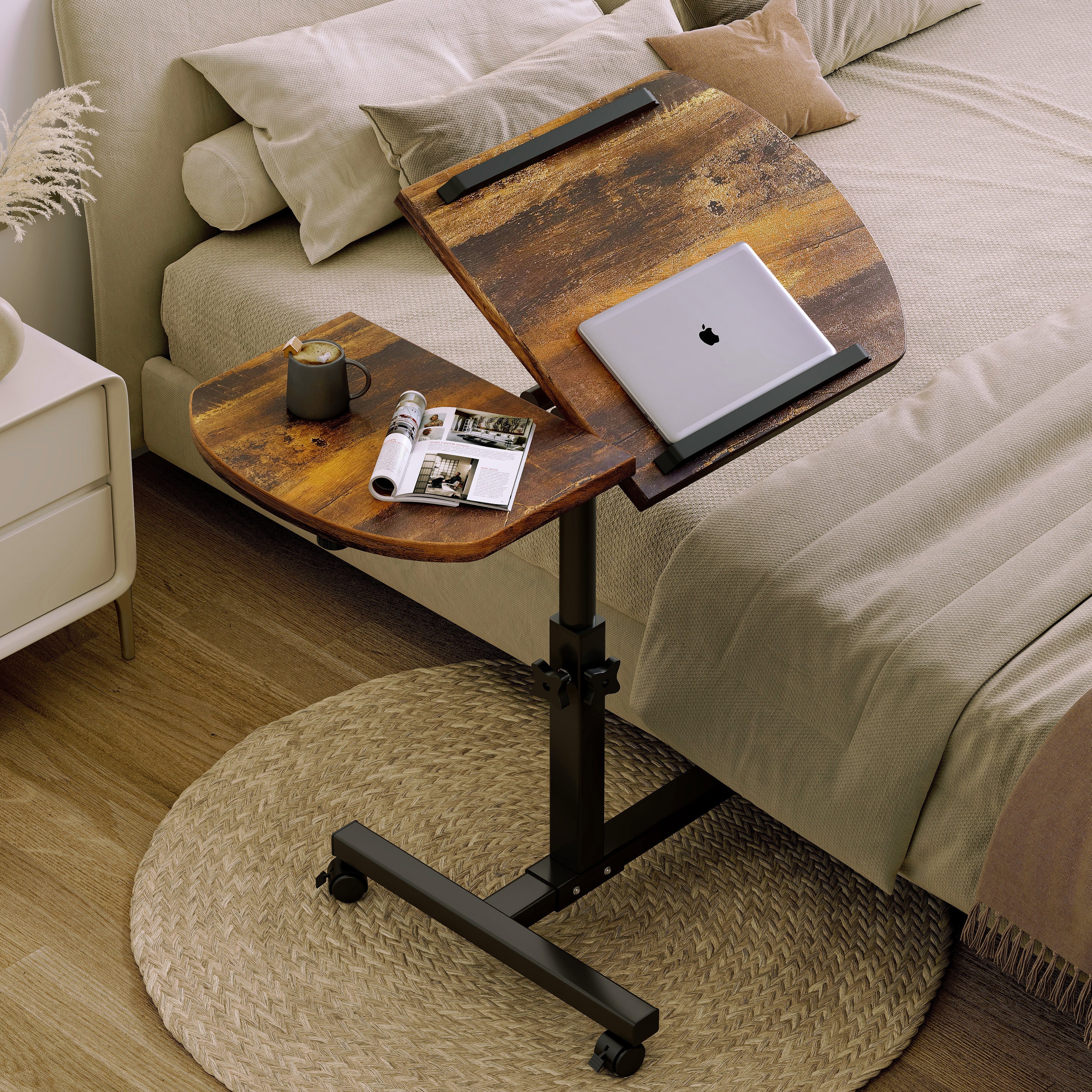 Motif 2-in-1 Adjustable Portable Sofa Bed Side Table Laptop Desk with Wheels (Rustic Wood)