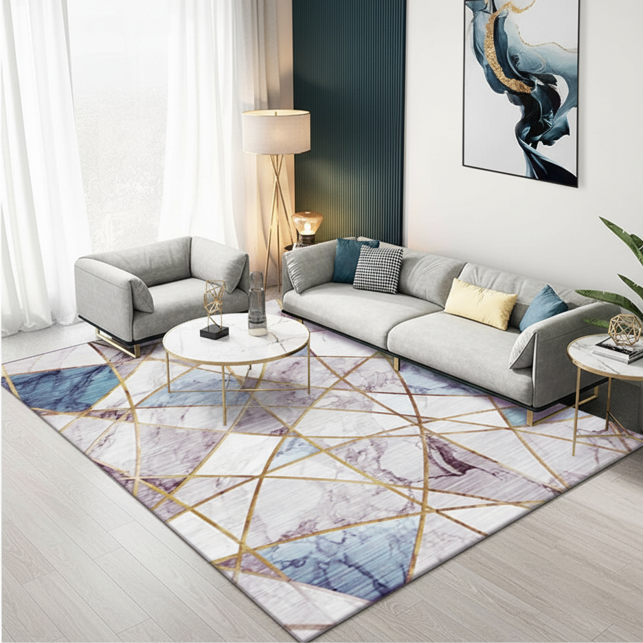 XL Extra Large Lush Plush Blue Marble Rug Carpet Mat (300 x 200)