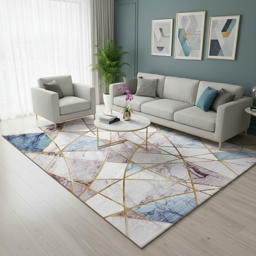 XL Extra Large Lush Plush Blue Marble Rug Carpet Mat (300 x 200)