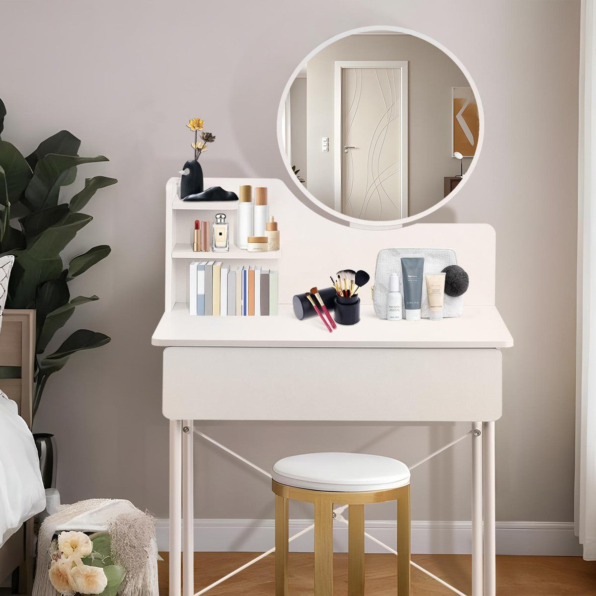 Luxe Dresser Makeup Vanity Dressing Table with Round Mirror Drawer White