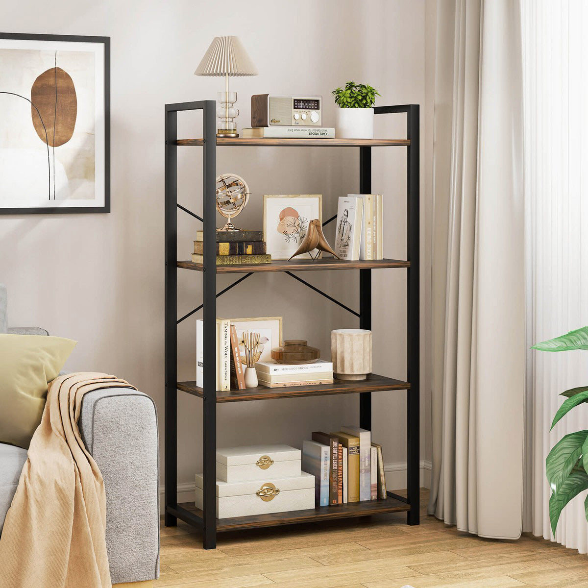 Multifunction Bookcase 4 Tier Rustic Wood & Steel Storage Shelf Organizer