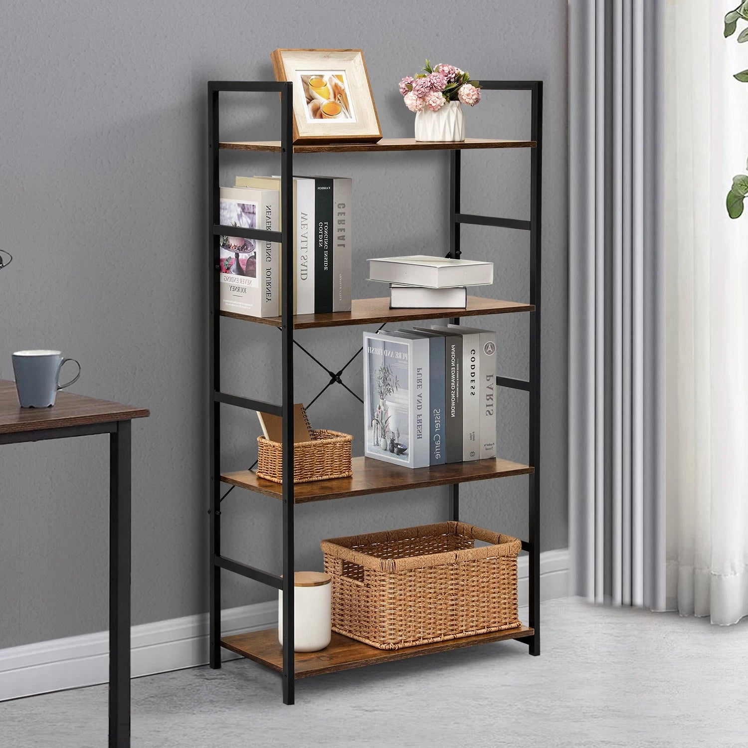 Multifunction Bookcase 4 Tier Rustic Wood & Steel Storage Shelf Organizer