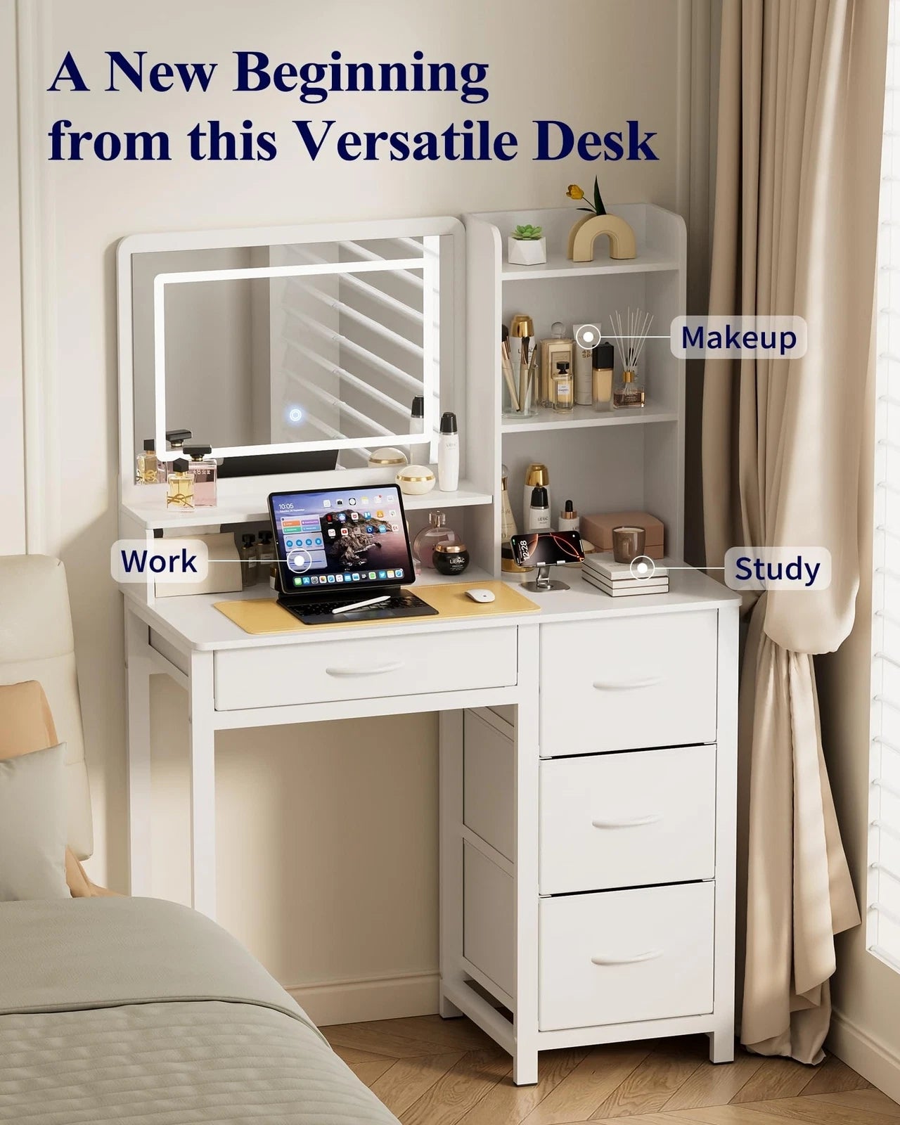 Deluxe LED Mirror Dresser Vanity Dressing Table Desk with Drawers White