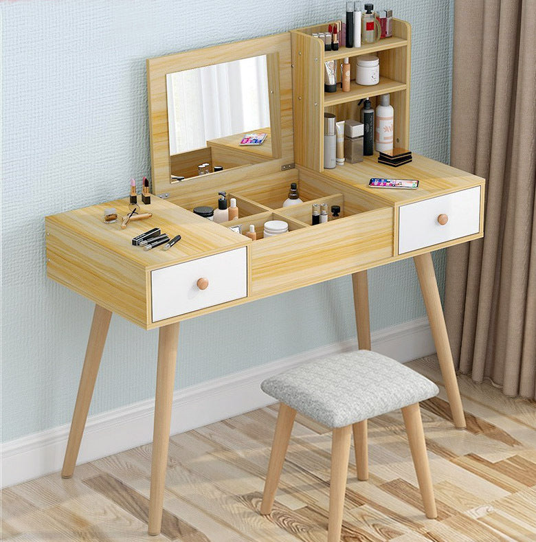 Glam Large Dresser Vanity Table with Mirror, Stool and Storage Shelves Set (Oak)
