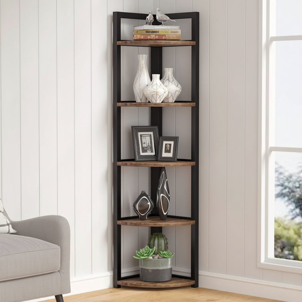 Optima  5 Tier Rustic Wood & Steel Corner Shelf Organizer Unit