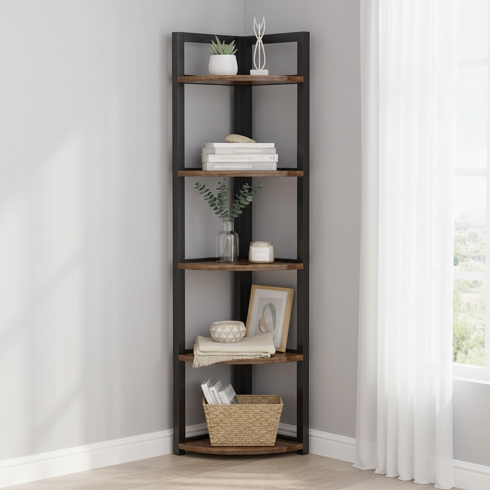 Optima  5 Tier Rustic Wood & Steel Corner Shelf Organizer Unit