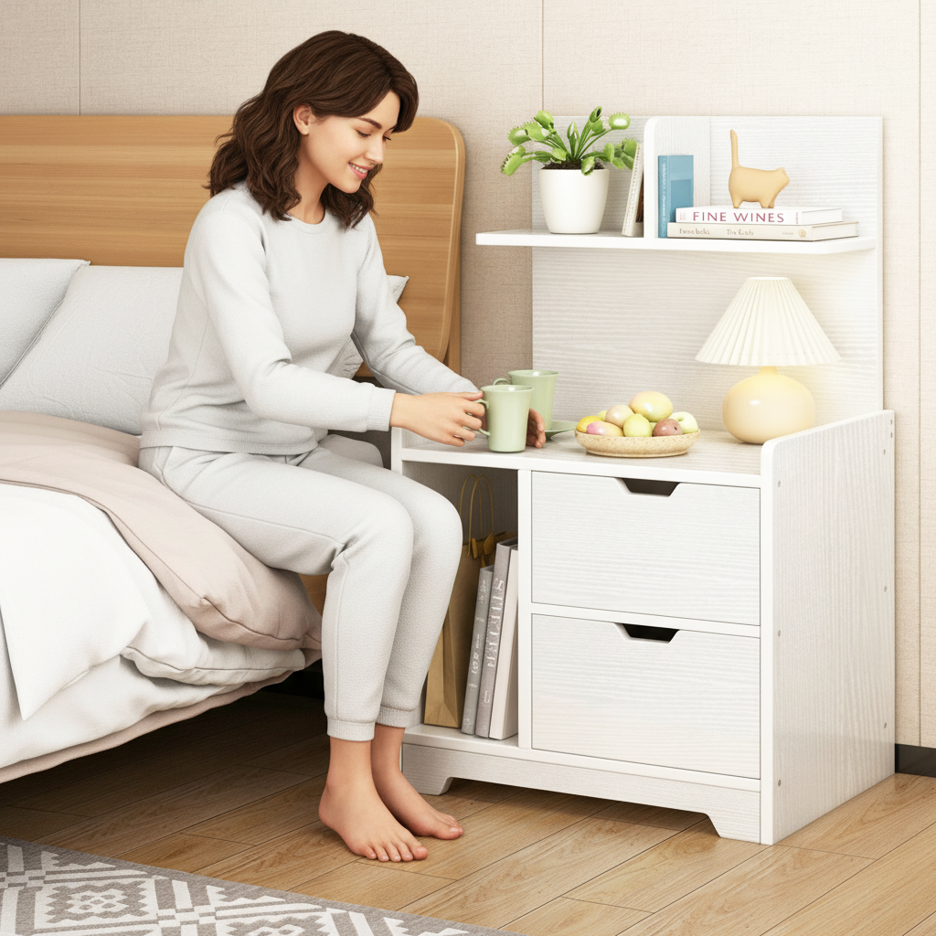 Harmony Tall Bed Side Table with Chest of Drawers and Shelf (White)