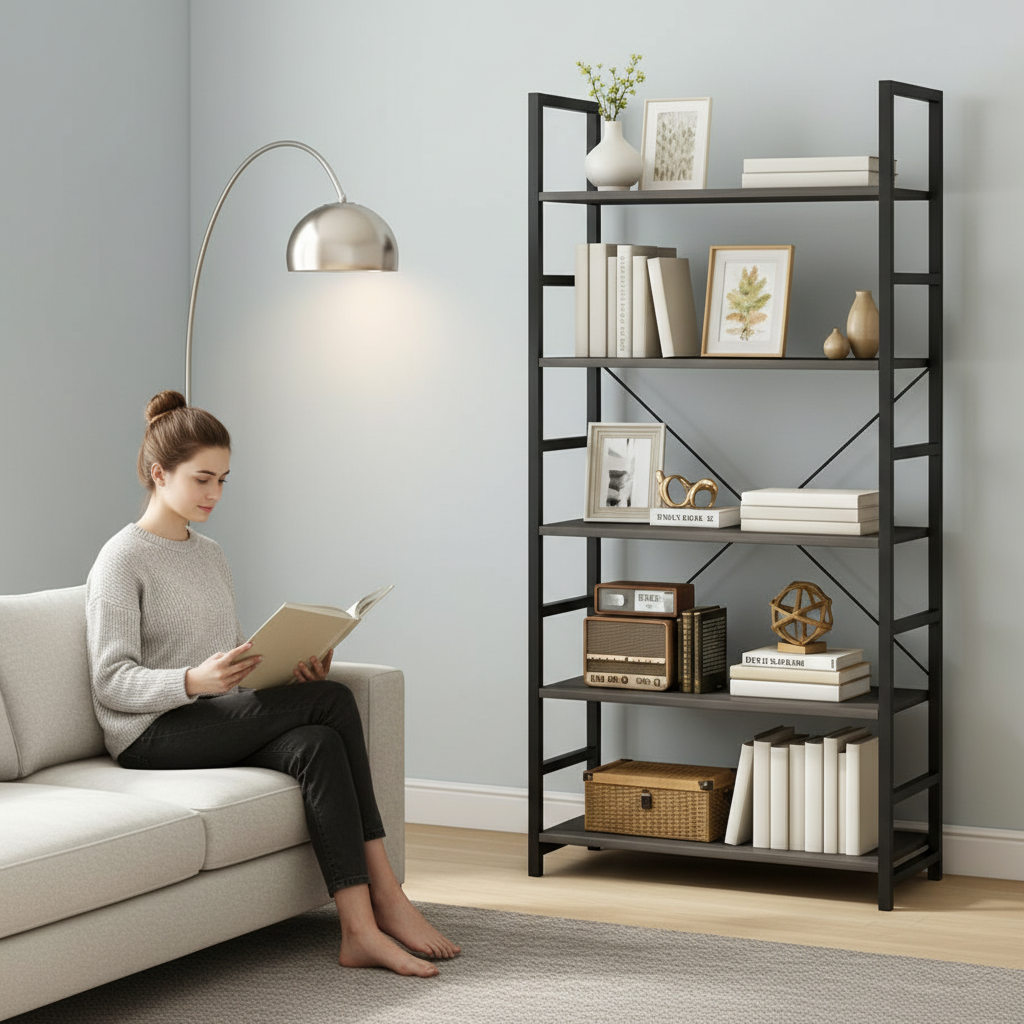 5 Tier Multifunction Heavy Duty Bookcase Wood & Steel Storage Shelf Organizer (Driftwood Grey)